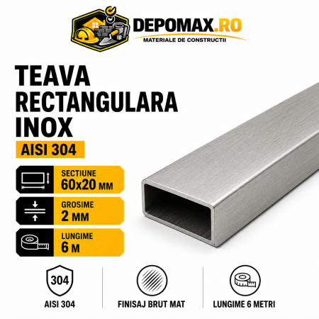 Teava rectangulara inox AISI 304, 60 x 20 x 2 mm, 6 metri